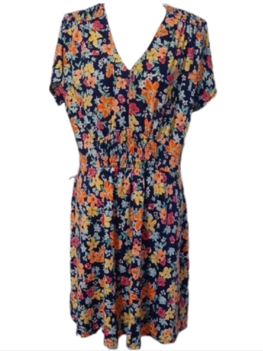 Barkley Jensen Floral V-Neck Mini Dress in Navy with Yellow & Orange Blooms